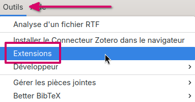 Menu « outils » de Zotero