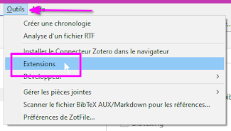 Menu « outils » de Zotero