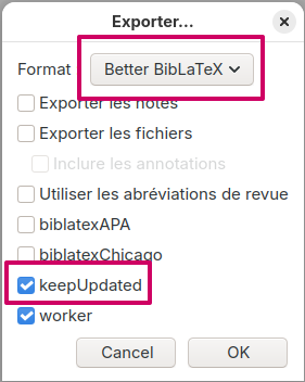 Fenêtre de dialogue de Better BibTex