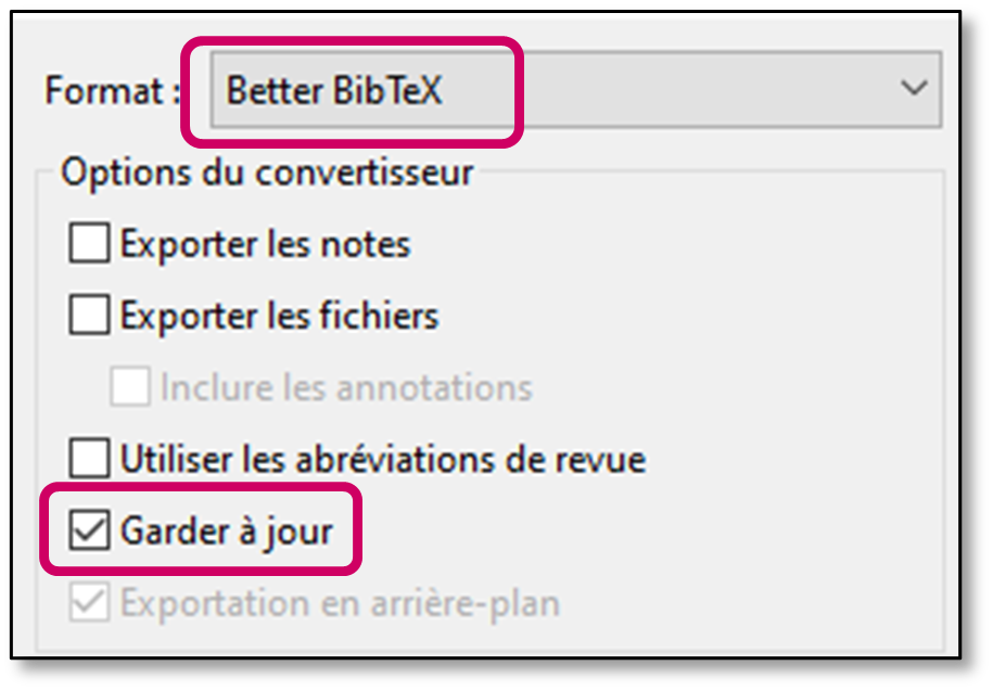 Fenêtre de dialogue de Better BibTex