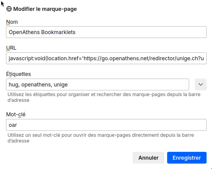 Configurer le bookmarklet dans Firefox